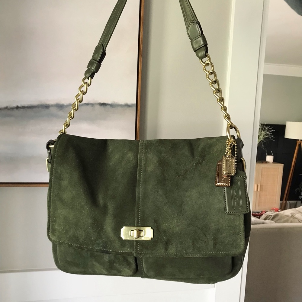 Coach Y2K Chelsea Olive Suede Leather Turnlock Shoulder Purse, 17845